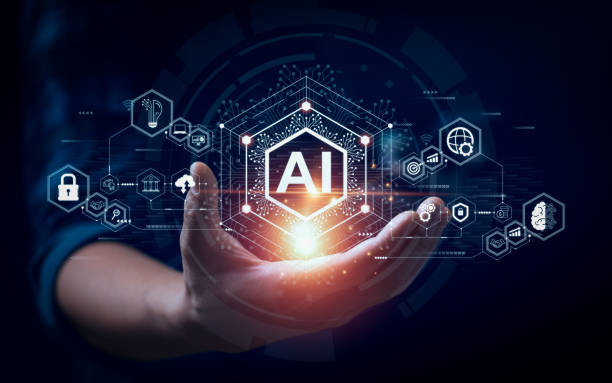 Hand holding glowing AI icon with futuristic technology interface overlay.