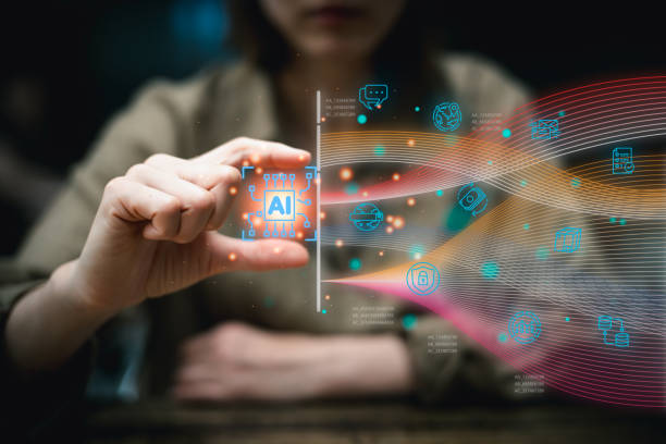 Woman holding a glowing AI microchip with colorful digital data streams and tech icons flowing outward.