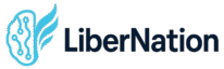 Glowing LiberNation brain-phoenix logo with name in dark blue text